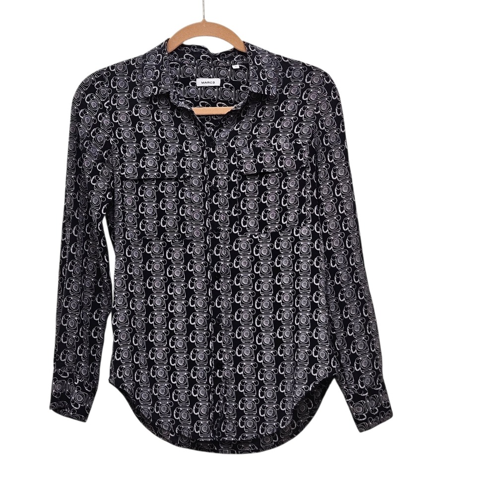 MARCS Silk Button Down Shirt Black White‎ Phone Novelty Long Sleeve Women Size 6